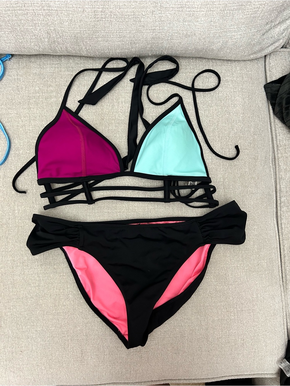 PINK Victoria's Secret Black Bikini with Magenta and Aqua Panels
